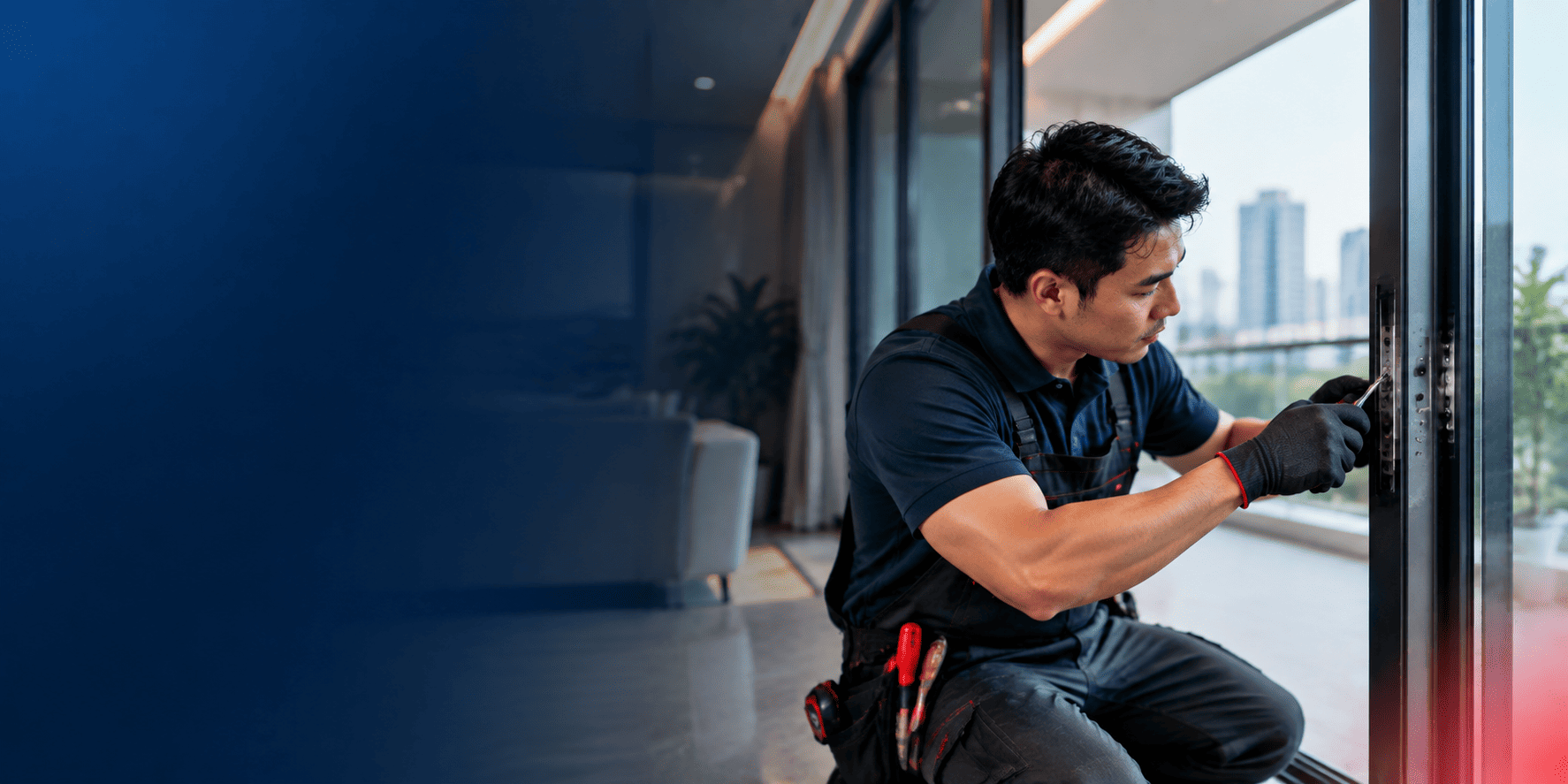 Local SG technician repairing a sliding glass door lock in a Singapore home