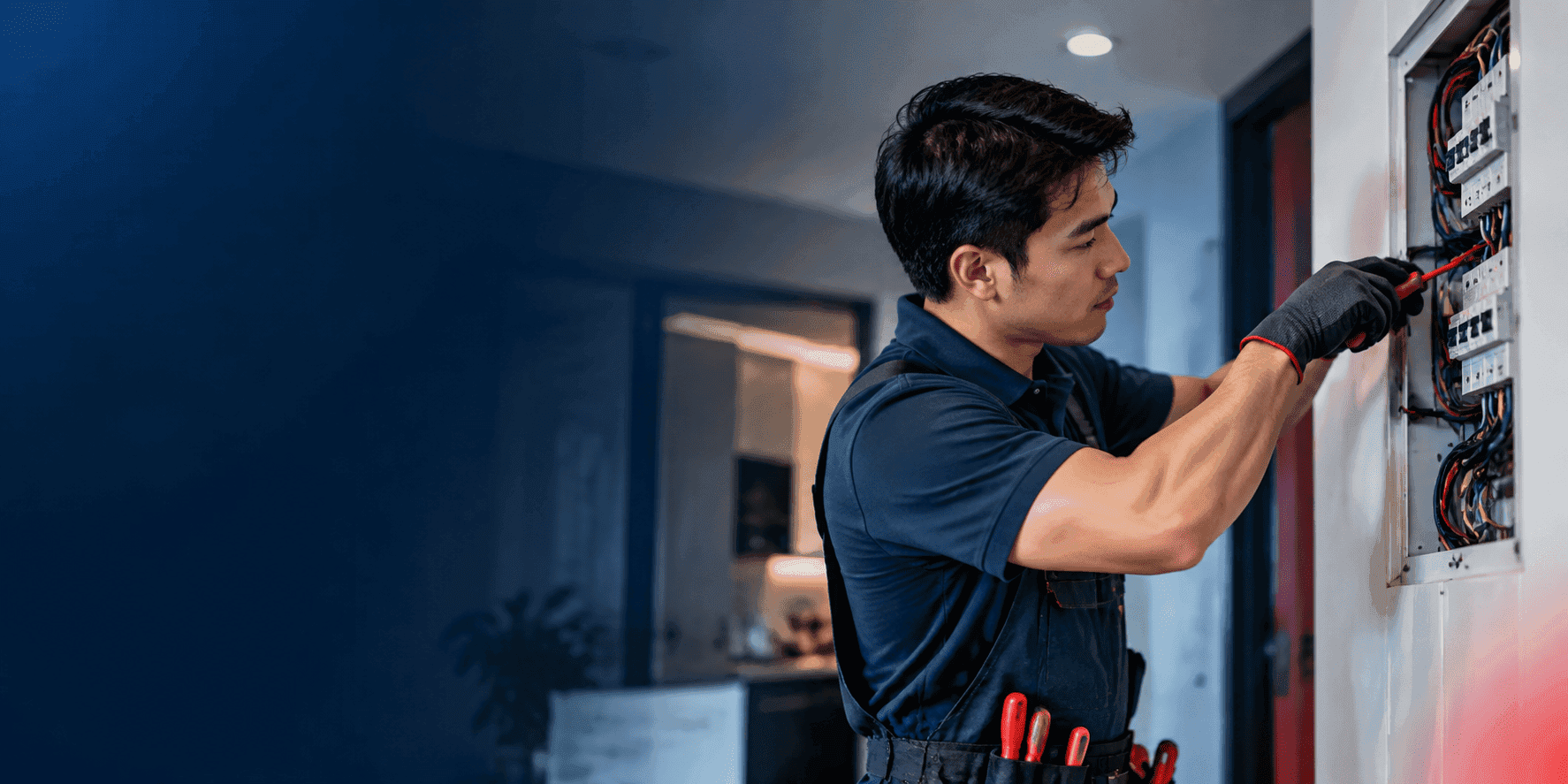Local SG electrician working on an electrical panel in Singapore